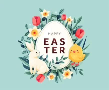 Happy Easter vector background. Greeting card with spring flowers, easter egg Stock Illustration