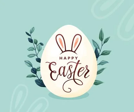 Happy Easter vector background. Greeting card with big easter egg, spring leaves Stock Illustration