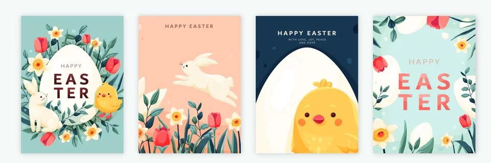 Happy easter vector background set. Spring greeting cards with easter bunny Stockillustratie