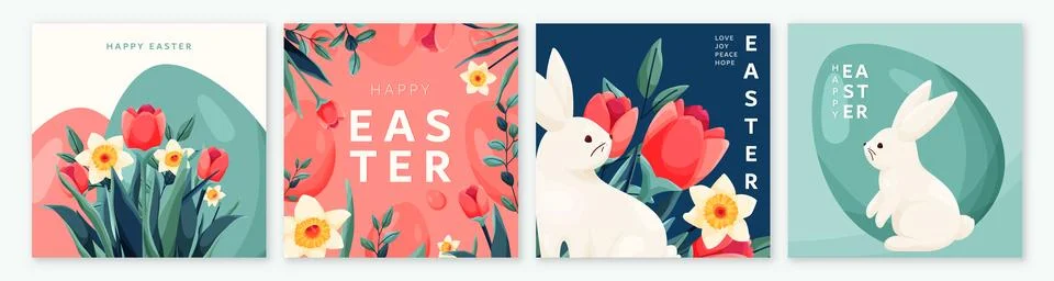 Happy easter vector background set. Spring greeting cards with easter bunny Stockillustratie