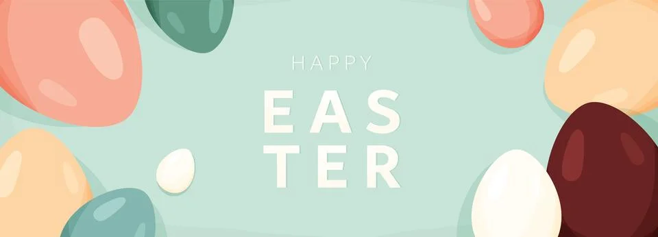 Happy Easter vector banner background. Greeting card with color easter eggs in 스톡 일러스트
