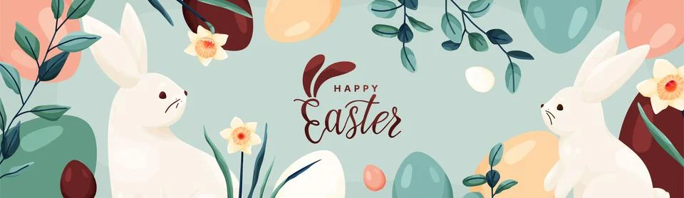 Happy Easter vector banner background. Greeting card with easter eggs, bunny Stockillustratie