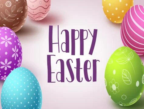 Happy easter vector banner design with colorful eggs elements and greeting text Illustrazione stock