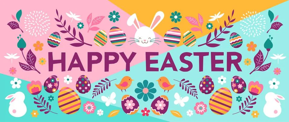 Happy Easter, vector banner with flowers, eggs and bunnies Stock Illustration