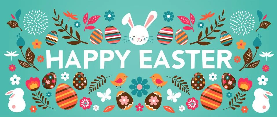 Happy Easter, vector banner with flowers, eggs and bunnies Stock Illustration