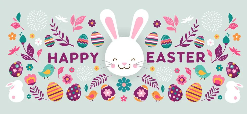 Happy Easter, vector banner with flowers, eggs and bunnies Stock Illustration