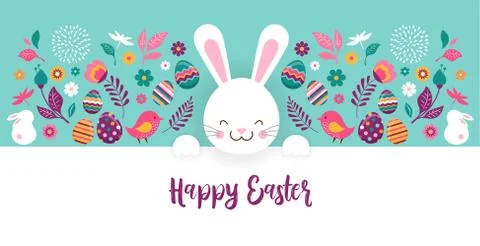 Happy Easter, vector banner with flowers, eggs and bunnies Stock Illustration