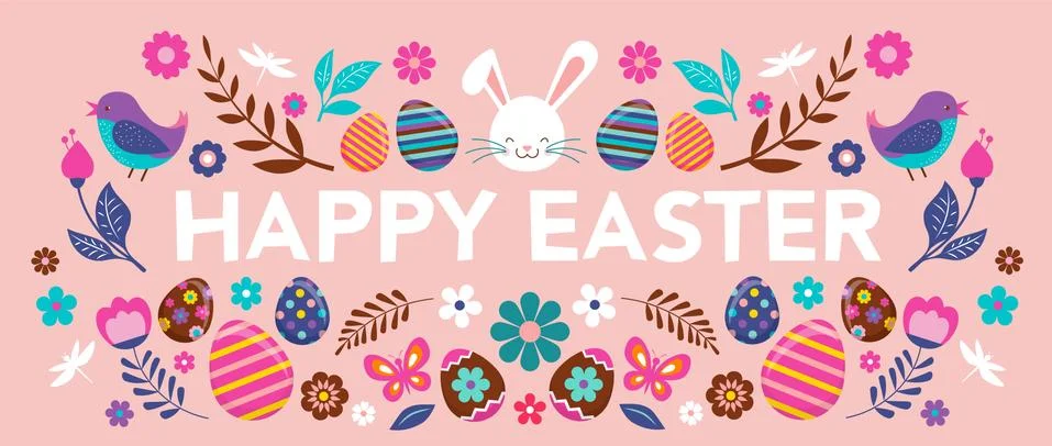 Happy Easter, vector banner with flowers, eggs and bunnies Stock Illustration