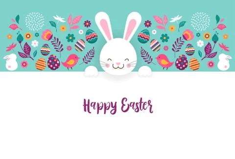 Happy Easter, vector banner with flowers, eggs and bunnies Stock Illustration