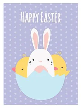 Happy Easter vector card. Bunny and chickens in an eggshell Stockillustratie