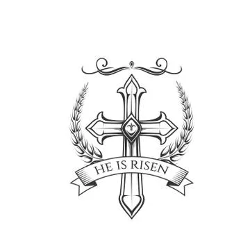 Happy Easter vector cross and laurel wreath icon Stock Illustration