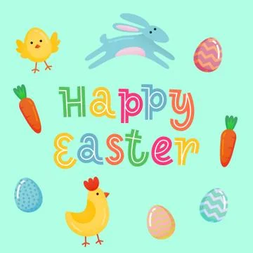Happy Easter vector cute banner with colored ornate eggs, cartoon chiken and  Stock Illustration