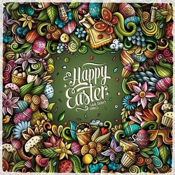 Happy Easter vector doodle border illustration. Stock Illustration