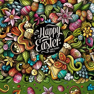 Happy Easter vector doodle border illustration. Stock Illustration