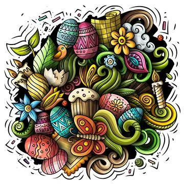 Happy Easter vector doodles illustration. Color funny picture. Illustrazione stock