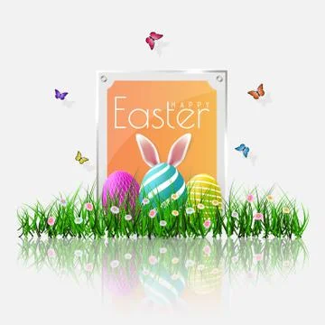 Happy Easter. Vector Easter eggs with grass, butterfly and flowers, isolated  Stock Illustration