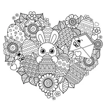 Happy Easter. Vector easter eggs, bunny and beards and flowers. Cute Coloring Stock Illustration
