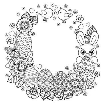 Happy Easter. Vector easter eggs, bunny and beards and flowers. Cute Coloring Stock Illustration