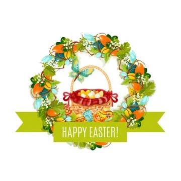 Happy Easter vector eggs and basket greeting card Stock Illustration