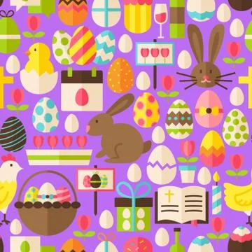 Happy Easter Vector Flat Design Purple Seamless Pattern Stock Illustration