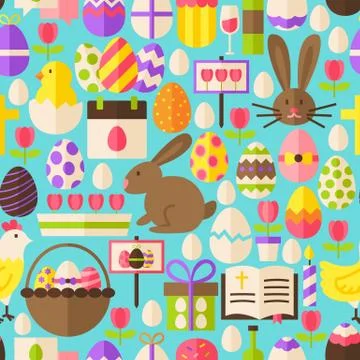 Happy Easter Vector Flat Design Blue Seamless Pattern Stockillustratie