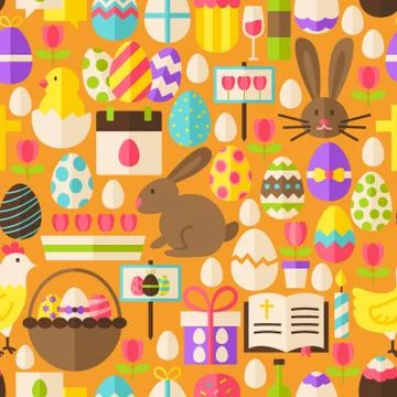Happy Easter Vector Flat Design Orange Seamless Pattern Stock Illustration