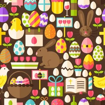 Happy Easter Vector Flat Design Dark Brown Seamless Pattern Stock Illustration