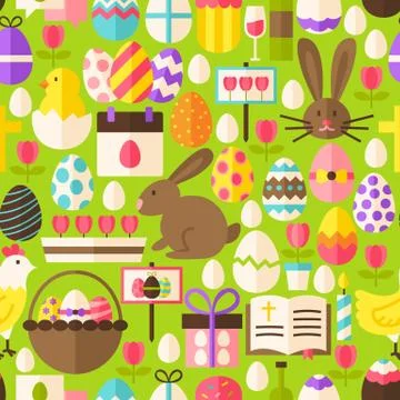 Happy Easter Vector Flat Design Green Seamless Pattern Stock Illustration