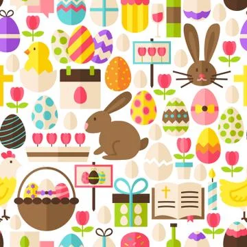 Happy Easter Vector Flat Design White Seamless Pattern Stock Illustration