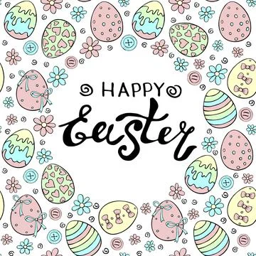 Happy Easter - vector frame, border from colorful ornamental eggs, flowers wi Stock Illustration
