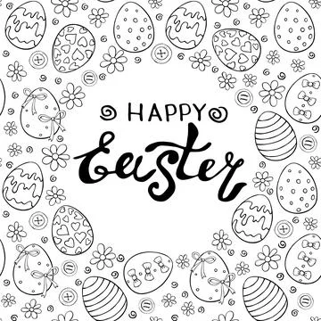 Happy Easter - vector frame, border from outline ornamental eggs, flowers wit Stock Illustration