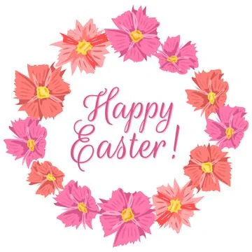 Happy Easter vector greeting card with floral wreath frame of pink and peac.. Stock Illustration