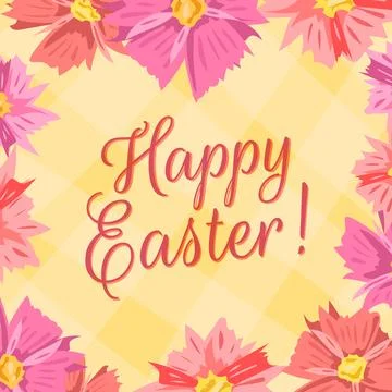 Happy Easter vector greeting card with pink spring flowers frame and yellow.. Stock Illustration