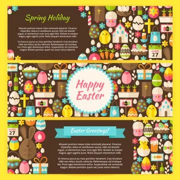 Happy Easter Vector Horizontal Banners Flat Set 스톡 일러스트
