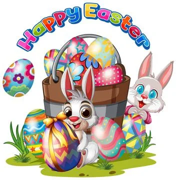 Happy Easter Vector Illustration with Bunnies and Colorful Painted Eggs Stock Illustration