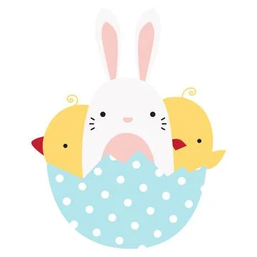 Happy Easter vector illustration. Bunny and chickens in an eggshell 스톡 일러스트