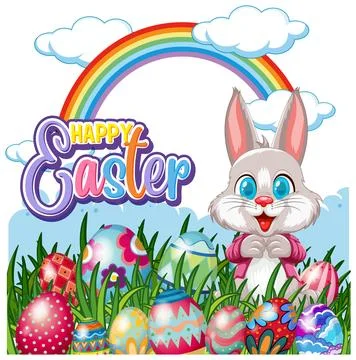 Happy Easter Vector Illustration with Bunny and Colorful Painted Eggs Stock Illustration