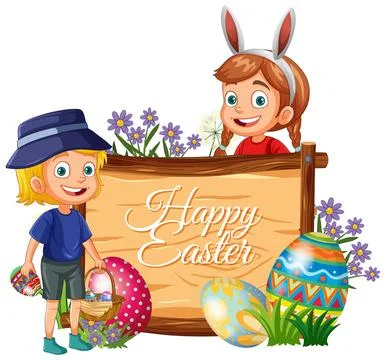 Happy Easter Vector Illustration with Children and Colorful Painted Eggs Stock Illustration