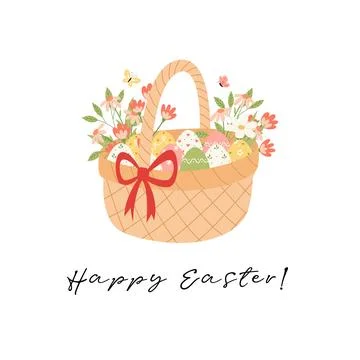 Happy Easter vector illustration concept basket, eggs and flowers. Modern style Stock Illustration