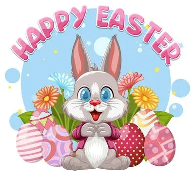 Happy Easter Vector Illustration with Cute Bunny and Colorful Painted Eggs Illustrazione stock