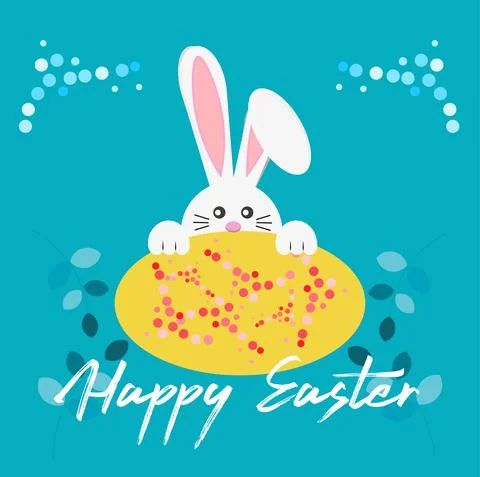 Happy Easter vector illustration with easter bunny and colourful egg on a blu Stock Illustration