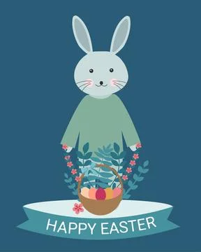 Happy easter vector illustration. Easter poster with bunny, basket, colorful Stockillustratie