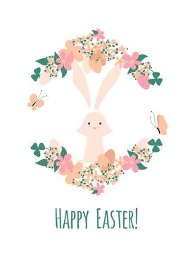 Happy Easter vector illustration with egg, bunny ears headband and flowers 스톡 일러스트