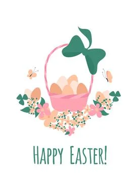 Happy Easter vector illustration with egg, bunny ears headband and flowers Stock Illustration