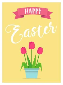 Happy Easter - vector illustration in flat style with lettering and tulips in 库存插图