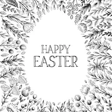 Happy Easter vector illustration with frame in egg shape from hand drawn flow Stock Illustration
