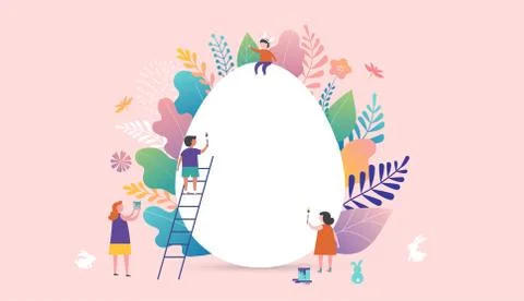 Happy Easter vector illustration, miniature people, families and giant egg Stock Illustration