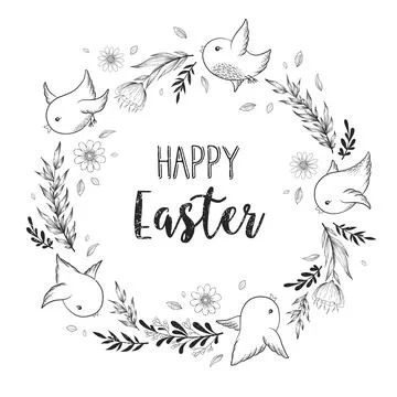 Happy Easter vector illustration with round frame from hand drawn branches, l Stock Illustration