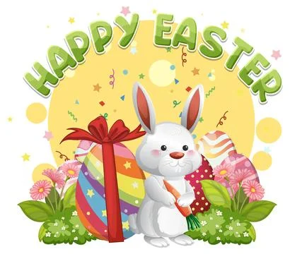 Happy Easter Vector Illustration with White Rabbit and Colorful Eggs Stockillustratie