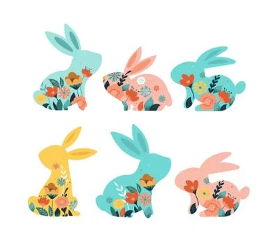 Happy Easter vector illustrations of bunnies, rabbits icons, decorated with Stock Illustration